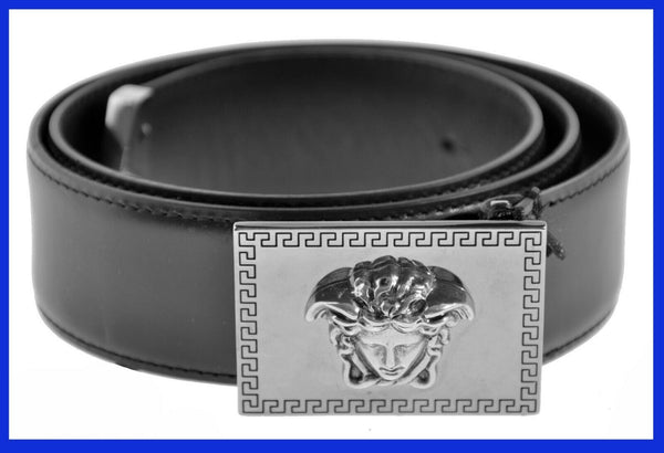 New VERSACE BLACK LEATHER SILVER PLATED BUCKLE GREEK MEDUSA BELT 90/36