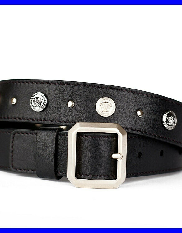 NEW Versace Men's Black Leather Silver Greek Key Buckle Belt 115 46